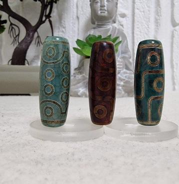 Agate Ensemble de 3 perles Dzi artisanales - motifs 9 yeux