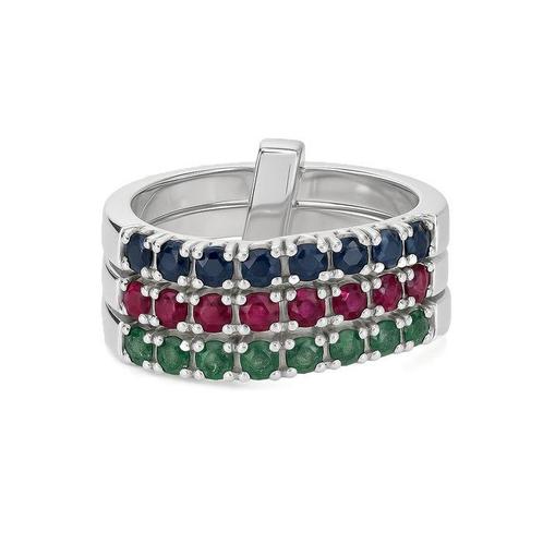 Ring - 18 karaat Witgoud, Saffier - smaragd - robijn -, Handtassen en Accessoires, Ringen