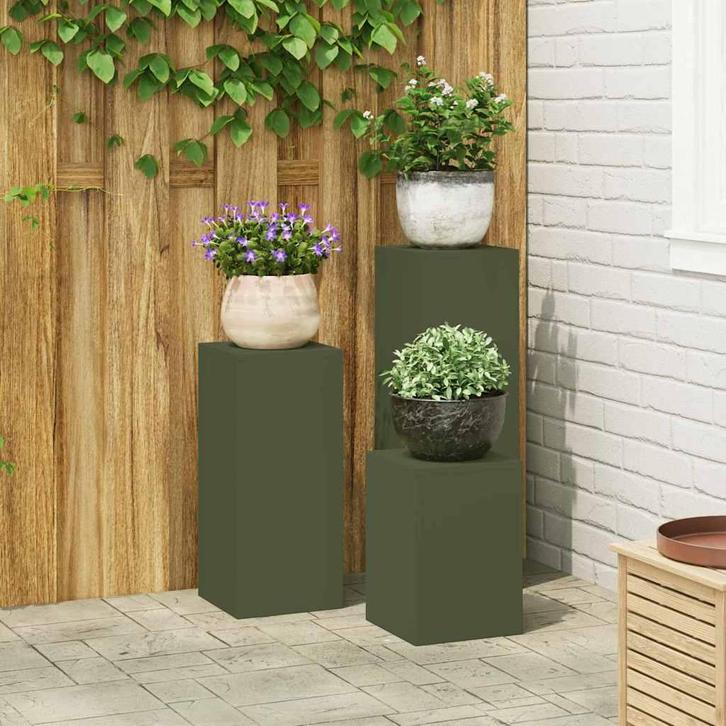 vidaXL Plantenstand 3 pcs Olijfgroen Staal, Tuin en Terras, Bloembakken en Plantenbakken, Nieuw, Verzenden