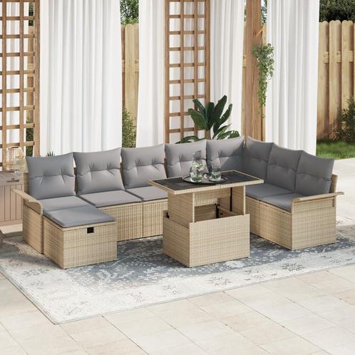 vidaXL 9-delig Tuin Sofa Set met Kussens in Beige Poly, Tuin en Terras, Tuinsets en Loungesets, Nieuw, Verzenden