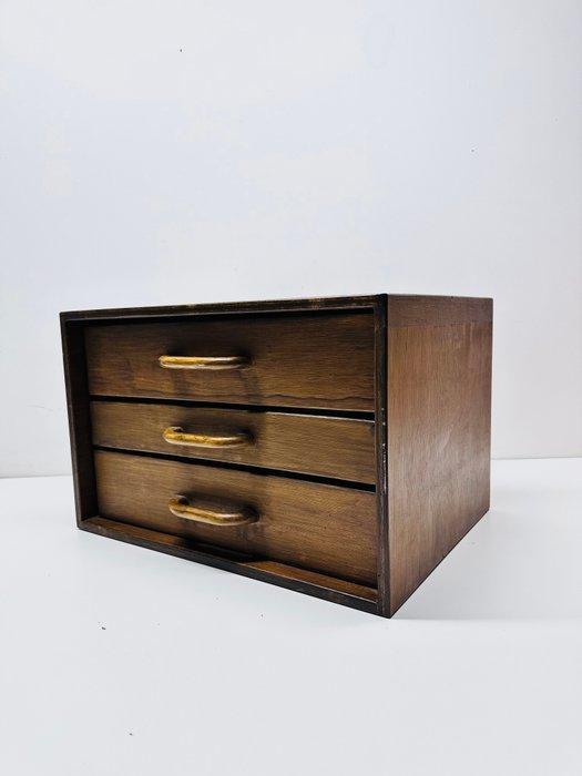 Kabinet - Drie-lade houten fineer opbergkist - Hout, Antiek en Kunst, Kunst | Designobjecten