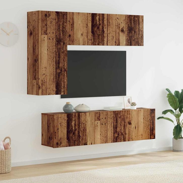 vidaXL TV Wand Eenheid Wandgemonteerd 5 pcs Oud Hout Bewerkt, Huis en Inrichting, Kasten |Televisiemeubels, Nieuw, Verzenden