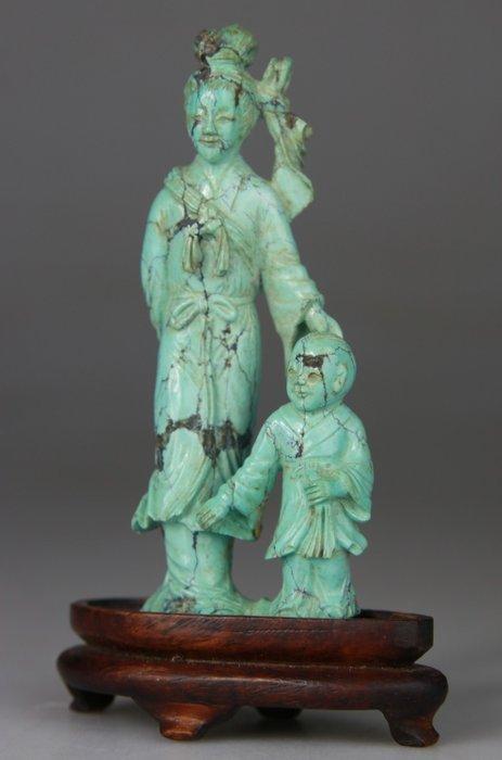 Statuette Kwanyin en Gevormde jongen - Beeld - Houten sokkel, Antiek en Kunst, Antiek | Overige Antiek