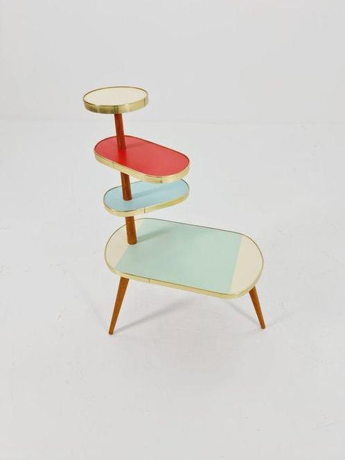 Tafelstandaard - Hout, Messing, Retro bloemen tafel, Antiek en Kunst, Kunst | Designobjecten