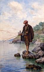 Scuola siciliana (XX) - Paesaggio marino con pescatore - NO