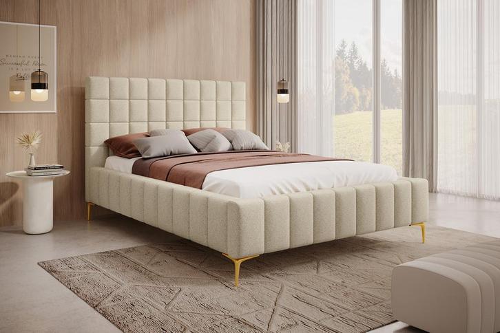 Tweepersoonsbed 160x200 beige stof gouden poten, Huis en Inrichting, Slaapkamer | Bedden, Nieuw, 160 cm, Verzenden