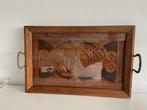 Dienblad - hout; messing/brons; glas - Fries snijwerk