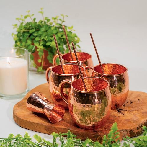Puur koperen Moscow Mule set gehamerd 9-delig (met, Sport en Fitness, Gezondheidsproducten en Wellness, Ophalen of Verzenden