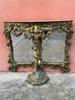 Console - Bois, Marbre, Verre - Console dorée avec miroir, Antiquités & Art