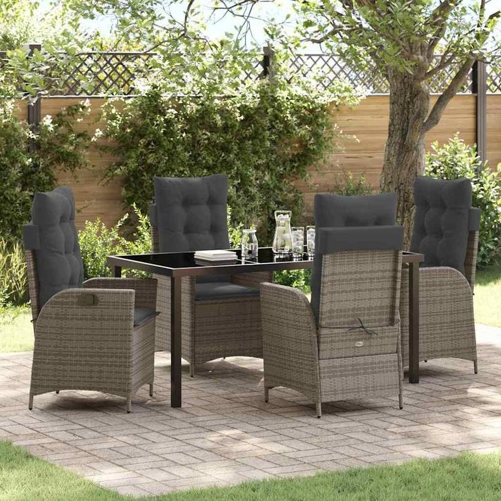 vidaXL Tuin Eettafel Set met kussen 5 pcs Grijs poly rattan, Tuin en Terras, Tuinsets en Loungesets, Nieuw, Verzenden