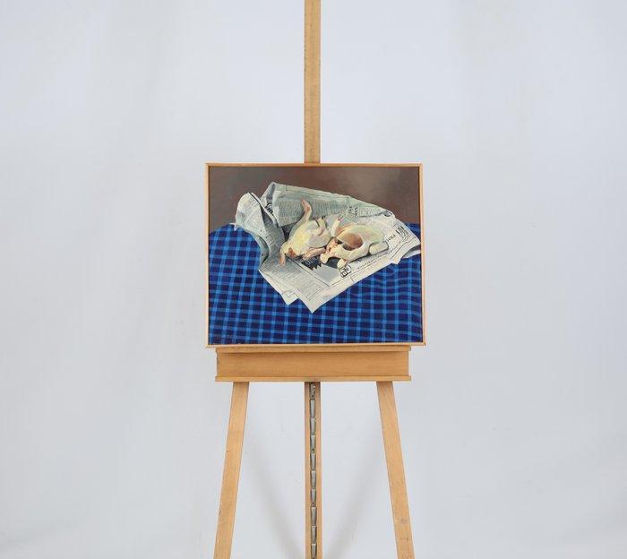 Frans Clement (1941) - Stilleven met haantjes op een krant, Antiek en Kunst, Kunst | Schilderijen | Modern
