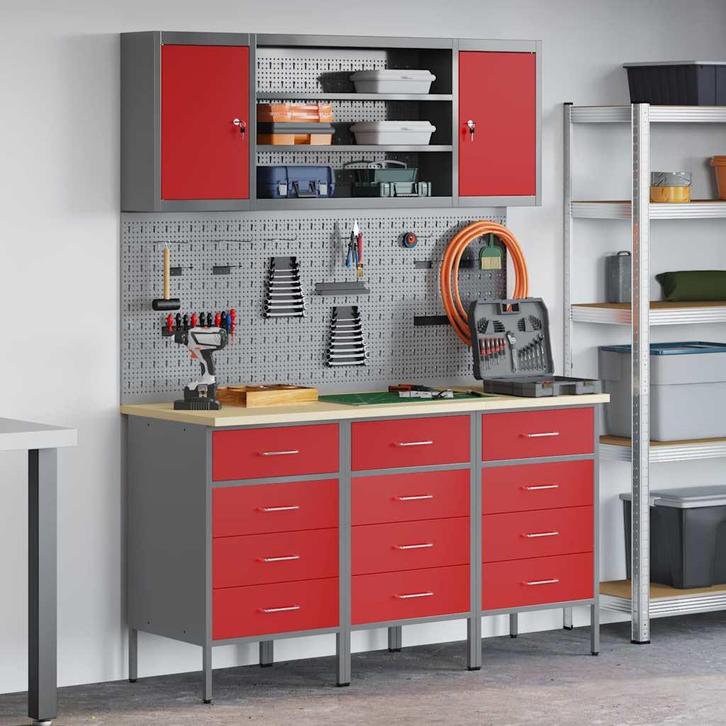 vidaXL Werkbank met lade met opslag 7 pcs Rood 150 x 55 x, Bricolage & Construction, Serrurerie de bâtiment & Dispositif de fermeture