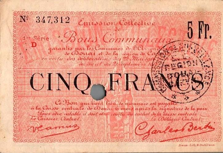5 Francs France Komitat 59 – Douai – Carvin – Gemeinsc, Postzegels en Munten, Munten | Nederland, Verzenden