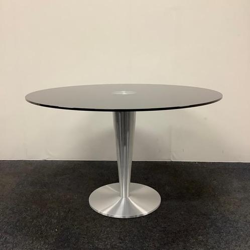 Design ronde glazen tafel doorsnede 120 cm, gehard zwart, Huis en Inrichting, Tafelonderdelen, Gebruikt