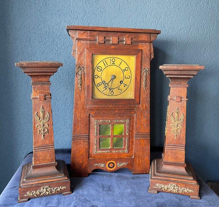 Klok met zijstukken (3) - Brons, Hout - 1850-1900 - Attr., Antiek en Kunst, Antiek | Klokken