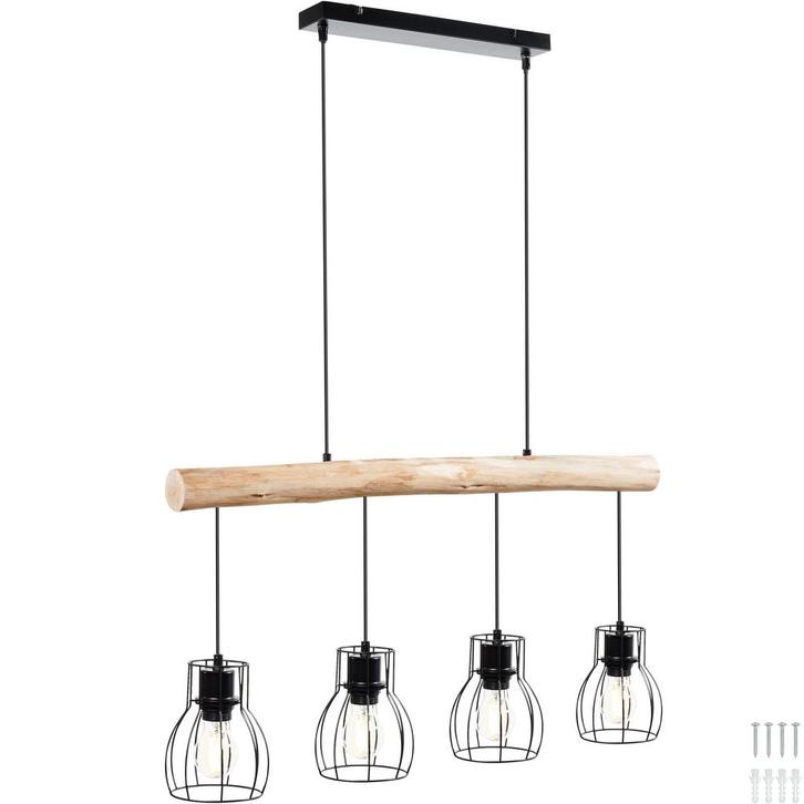 tectake Hanglamp Woody, 4-lichts, met houten balk, 40 W - zw, Huis en Inrichting, Lampen | Hanglampen, Verzenden