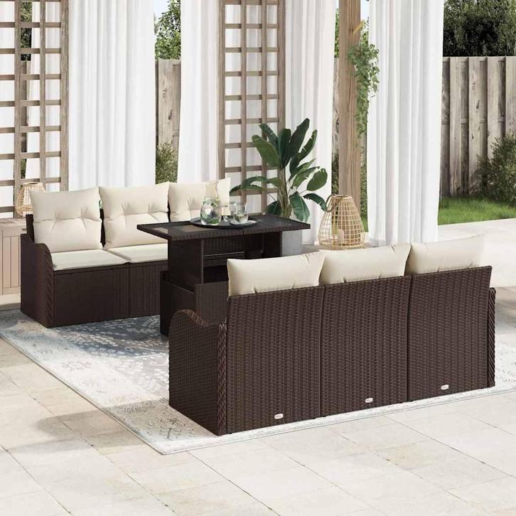 vidaXL Tuinbank Set met kussen 7 pcs Bruin Poly rattan, Tuin en Terras, Tuinsets en Loungesets, Nieuw, Verzenden