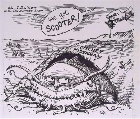 Pentekening Amerika - Cheney en Scooter (lijst optie), Antiek en Kunst, Kunst | Tekeningen en Fotografie, Verzenden