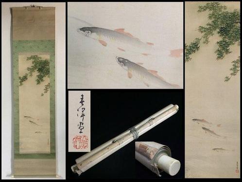 River and fish / Japanese Vintage Hanging Scroll KAKEJIKU /, Antiek en Kunst, Antiek | Overige Antiek