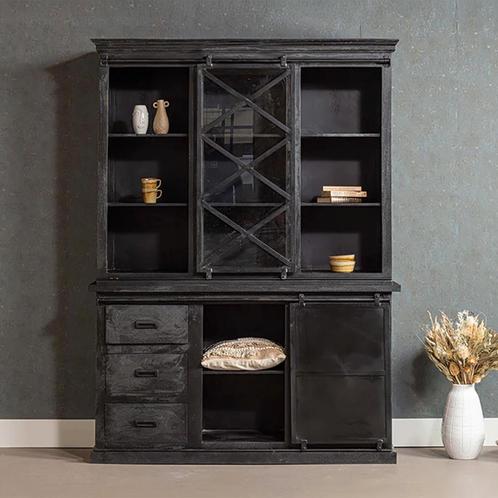 Buffetkast Mangohout Milan 160 X Zwart, Huis en Inrichting, Kasten | Buffetkasten, 150 tot 200 cm, 25 tot 50 cm, Nieuw, Overige houtsoorten