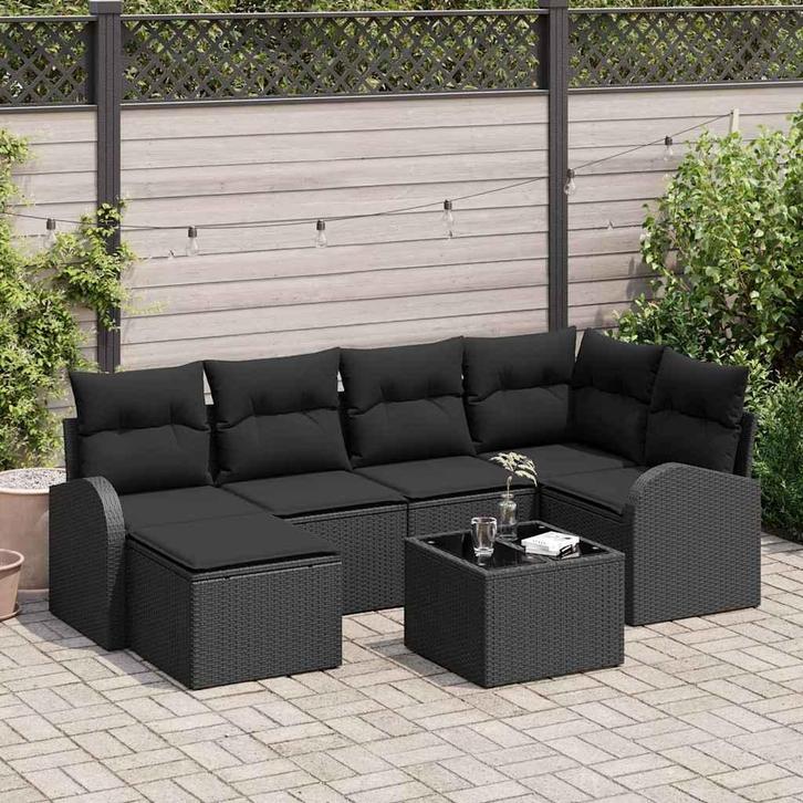 vidaXL Tuinbank Set met kussen 7 pcs Zwart Poly rattan, Tuin en Terras, Tuinsets en Loungesets, Nieuw, Verzenden