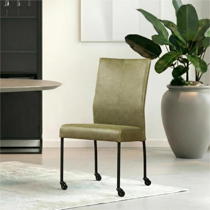 Leren eetkamerstoel Comfort met wieltjes - Vintage Olive, Huis en Inrichting, Stoelen, Overige kleuren, Nieuw, Leer, Ophalen of Verzenden
