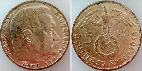 Duitsland 5 Reichsmark Hindenburg 1938d vz/stgl ! zilver, Postzegels en Munten, Munten | Europa | Niet-Euromunten, België, Verzenden