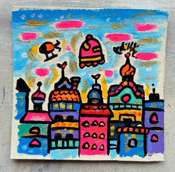 Maria Luisa Azzini (XX) - A unique little city in a parallel, Antiek en Kunst, Kunst | Schilderijen | Modern