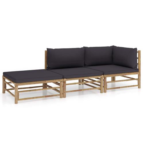 vidaXL 3-delige Loungeset met donkergrijze kussens bamboe, Tuin en Terras, Tuinsets en Loungesets, Loungeset, Nieuw, Verzenden