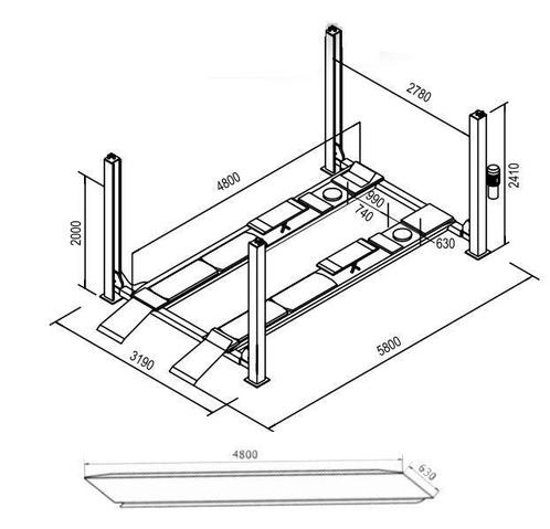 13381 Vier koloms hefbrug 4000kg 4,8m flat Cascos, Doe-het-zelf en Bouw, Gereedschap | Lasapparaten, Ophalen of Verzenden