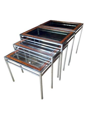 Set bijzettafels - Glas, Knoesthout, Staal - Set van vier, Antiek en Kunst