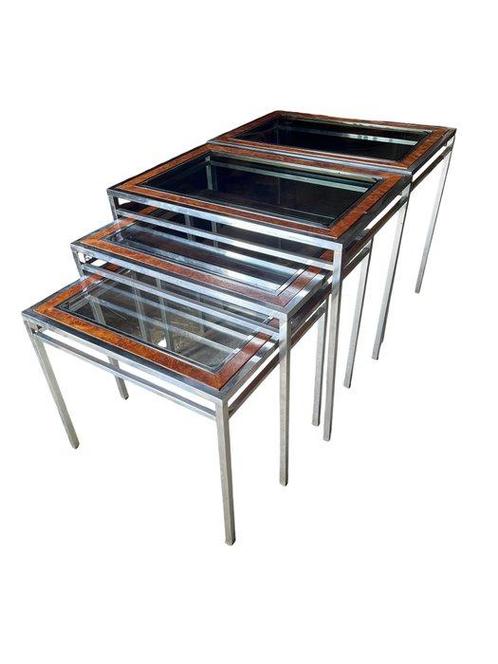 Set bijzettafels - Glas, Knoesthout, Staal - Set van vier, Antiek en Kunst, Kunst | Designobjecten