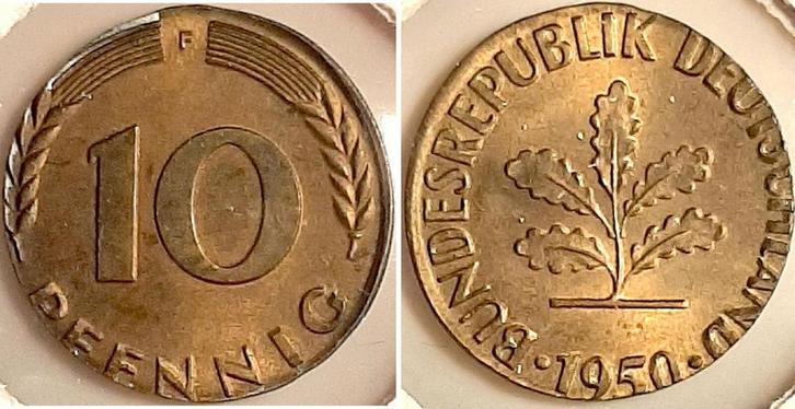 Duitsland Fehlpraegung 10 Pfennig 1950 F auf 5 Pfennig Ro..., Postzegels en Munten, Munten | Europa | Niet-Euromunten, België