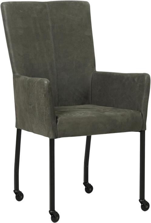 Donkergrijze leren moderne eetkamerstoel - met armleuning, Huis en Inrichting, Stoelen, Overige kleuren, Eén, Nieuw, Leer, Ophalen of Verzenden