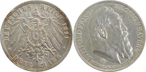 Duitsland 3 Mark Luitpold Bayern 1911 sehr schoen/vorzueg..., Timbres & Monnaies, Monnaies | Europe | Monnaies non-euro, Envoi