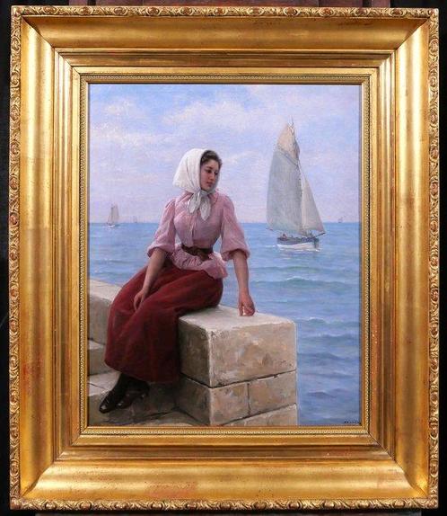 Charles Jean Auguste Escudier (1848-1923) - Woman by the sea, Antiek en Kunst, Kunst | Schilderijen | Klassiek