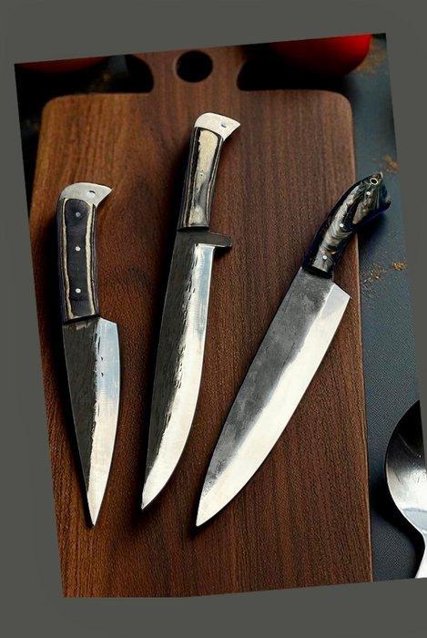 Set of 3, Hand-Forged with Old Steel, Japanese Style Knives, Antiek en Kunst, Antiek | Keukengerei