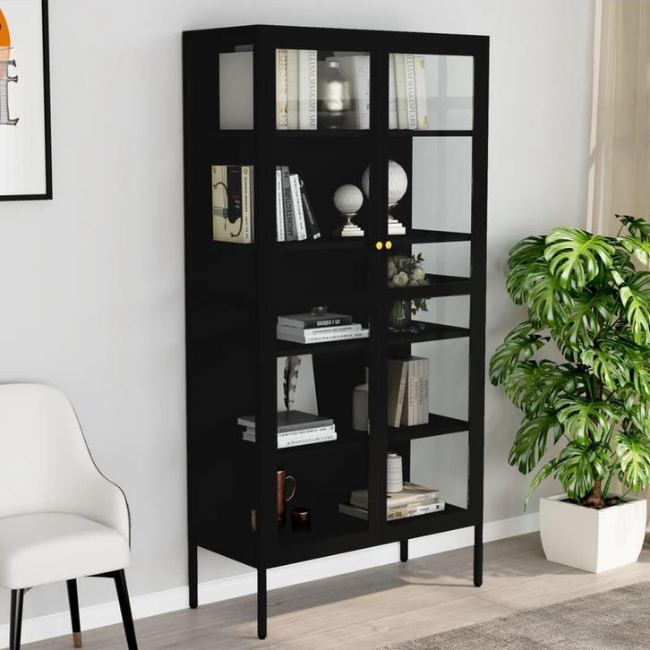 vidaXL Vitrinekast 90x40x180 cm staal en gehard glas zwart, Huis en Inrichting, Kasten | Overige, Nieuw, Verzenden