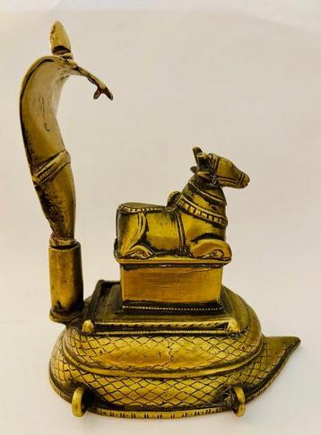 South Indian Bronze Sculpture of Nandi with Cobra Canopy,