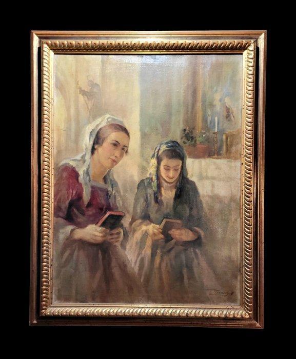 Antal Péczely (1891-1964) - Giovani Donne in Chiesa, Antiek en Kunst, Kunst | Schilderijen | Klassiek