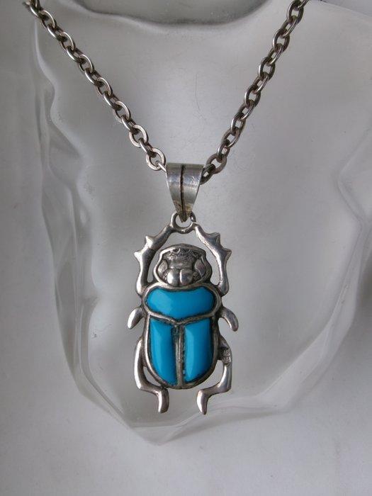 Argent, Émail - Collier avec pendentif - Art déco égyptien, Antiek en Kunst, Kunst | Designobjecten