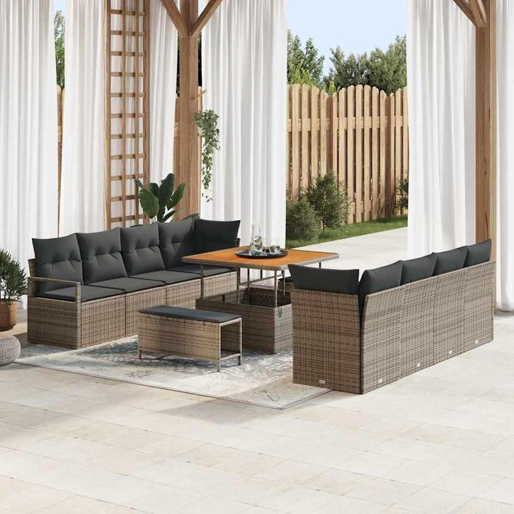 vidaXL Tuinbank Set met kussen 11 pcs Grijs Poly rattan, Tuin en Terras, Tuinsets en Loungesets, Nieuw, Verzenden