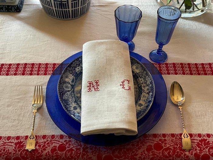 6 vroeg 20e eeuw damast linnen servetten met handgeborduurde, Antiek en Kunst, Antiek | Tapijten, Tafelkleden en Textiel