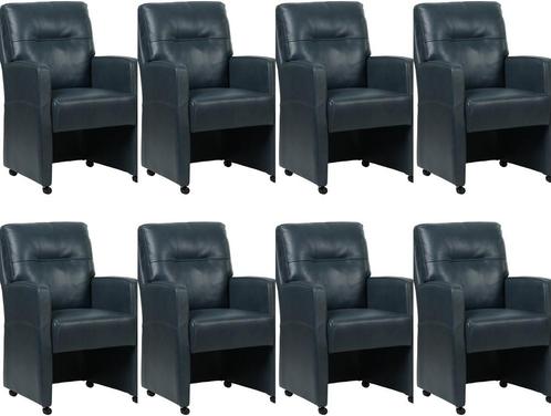 Set van 8 Blauwe leren landelijke eetkamerfauteuils -, Huis en Inrichting, Stoelen, Overige kleuren, Vijf, Zes of meer stoelen