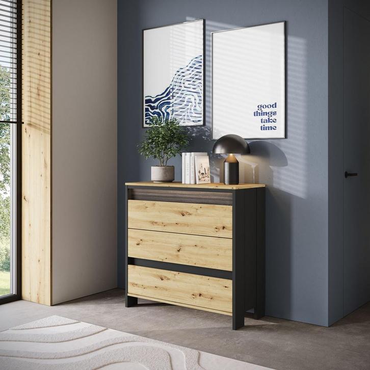 Meubella | Ladekast eiken 92 cm | met LED | 3 lades, Huis en Inrichting, Kasten | Overige, Nieuw, Verzenden