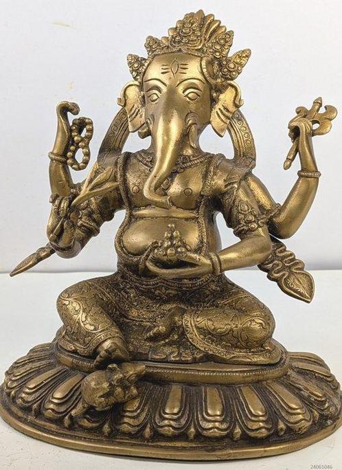 Standbeeld Ganesha met 4 armen op troon - Brons - India, Antiquités & Art, Art | Art non-occidental