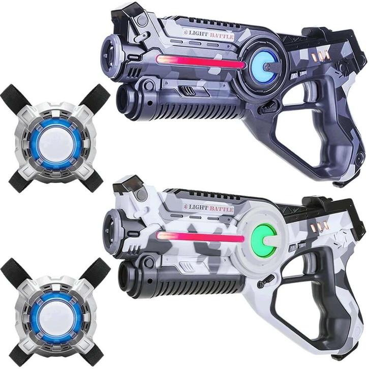 Thuis Lasergamen? 2 laserguns camo grijs/wit + 2 vesten, Kinderen en Baby's, Speelgoed | Buiten | Actiespeelgoed, Nieuw, Ophalen of Verzenden