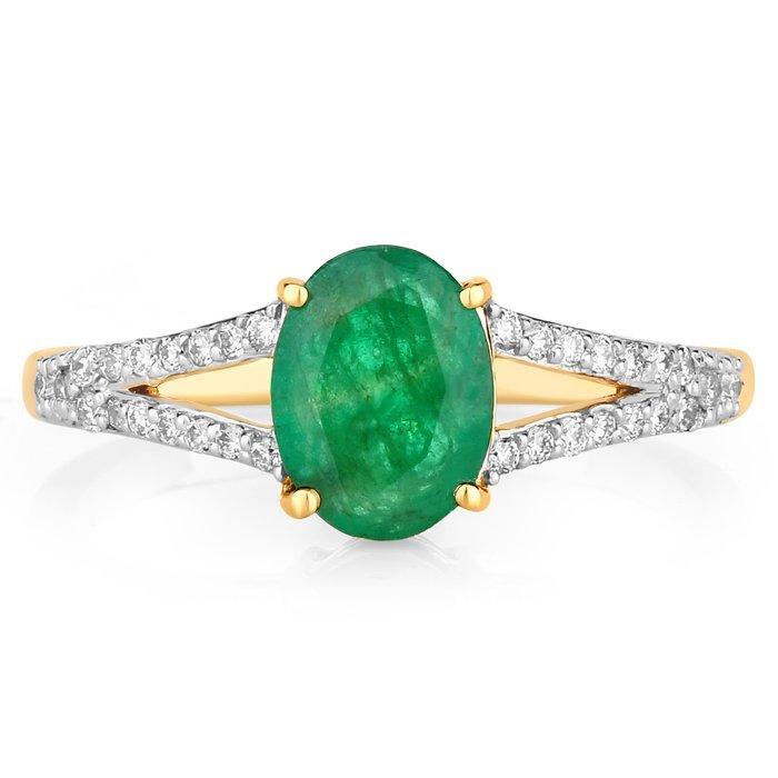 Bague - 14 carats Or jaune - 1.35ct. tw. Émeraude - Diamant, Handtassen en Accessoires, Ringen