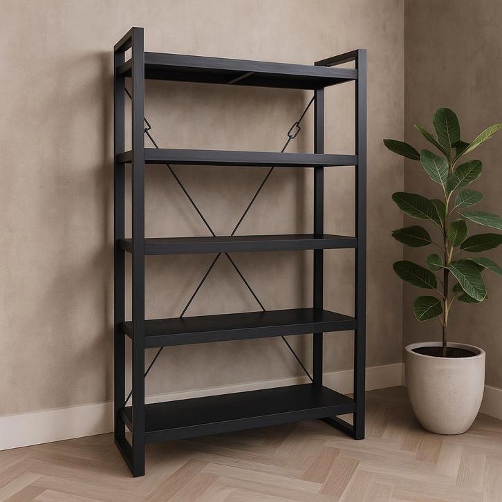 Boekenkast Mangohout Britt 120 Zwart, Huis en Inrichting, Kasten | Boekenkasten, 25 tot 50 cm, Nieuw, Overige houtsoorten, 200 cm of meer