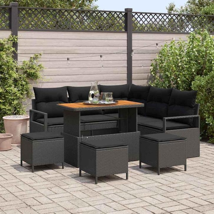 vidaXL Tuinbank Set met kussen 9 pcs Zwart Poly rattan, Tuin en Terras, Tuinsets en Loungesets, Nieuw, Verzenden